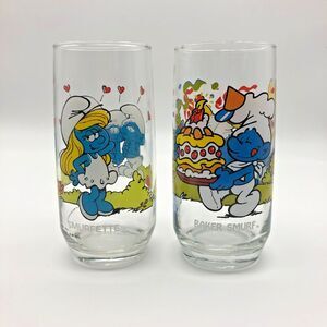 VINTAGE Smurf Glasses Set of 2 1980s Smurfette & Baker